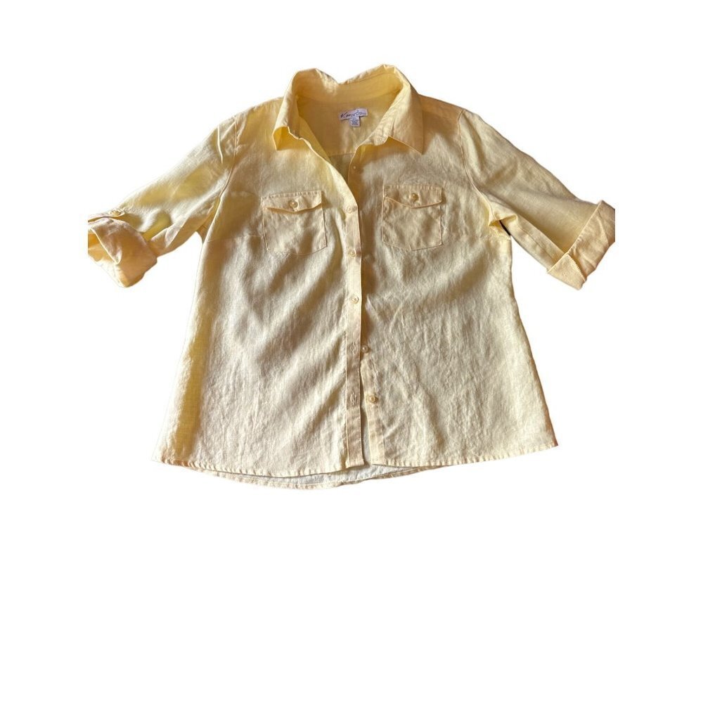 Kim Rogers Petite Yellow Linen Button Up Shirt Roll Tab Sleeves Size Medium